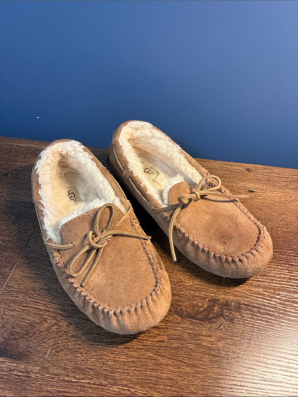 UGG Chestnut Suede Moccasin Slippers with Shearling Trim